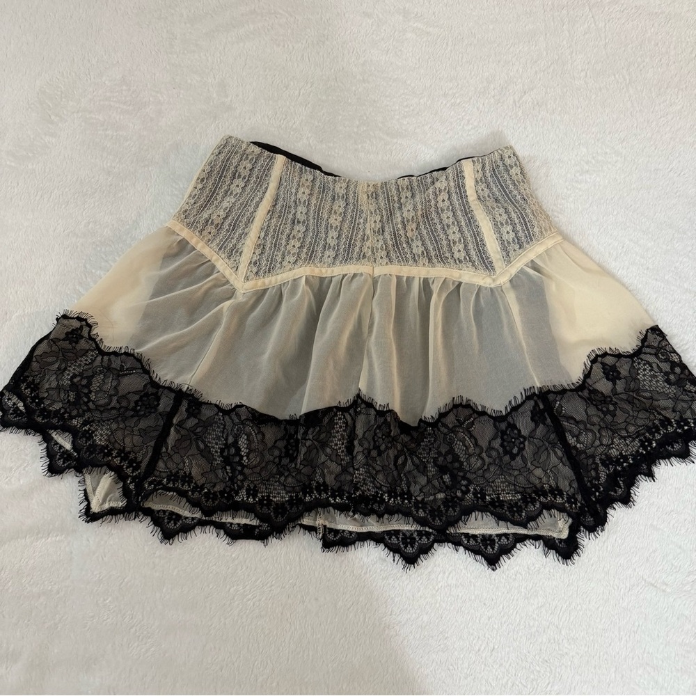 Urban Outfitters Sheer Cream Mini Skirt with Black Lace Trim- Women’s M